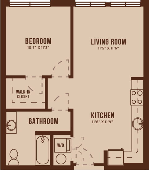 Floor plan for 1 bed, 1 bath, 637 sqft